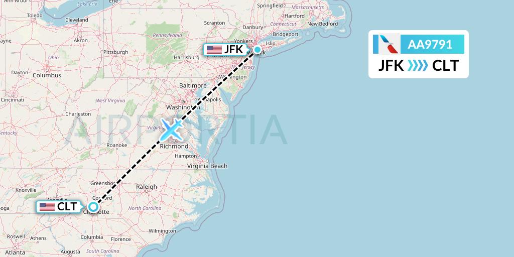 AA9791 American Airlines Flight Map: New York to Charlotte