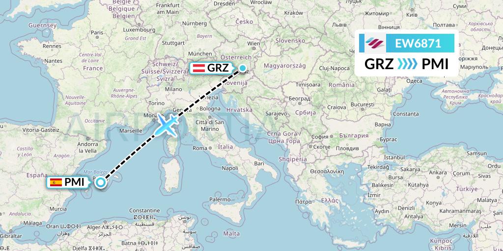EW6871 Eurowings Flight Map: Graz to Palma de Mallorca