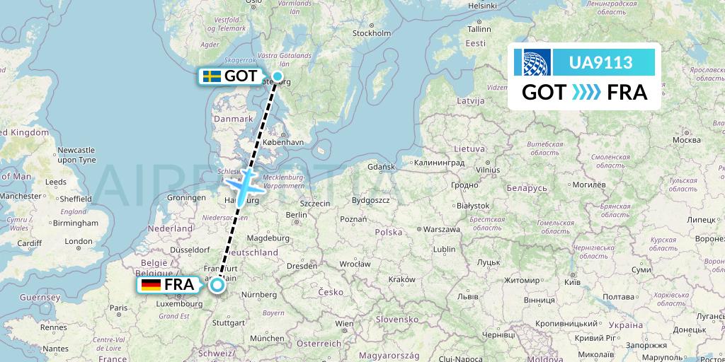 UA9113 United Airlines Flight Map: Gothenburg to Frankfurt
