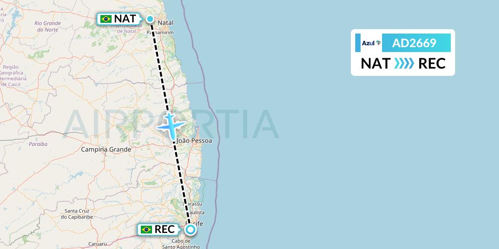 AD2669 Azul Brazilian Airlines Flight Map: Natal to Recife