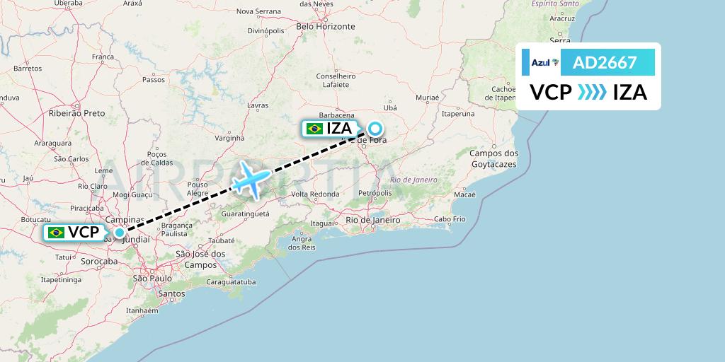AD2667 Azul Brazilian Airlines Flight Map: Campinas to Juiz de Fora