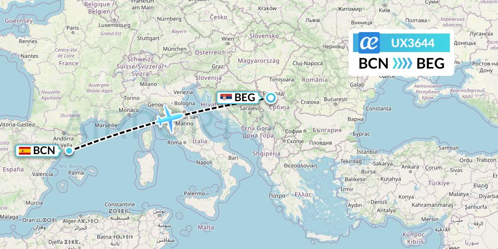 UX3644 Air Europa Flight Map: Barcelona to Belgrade