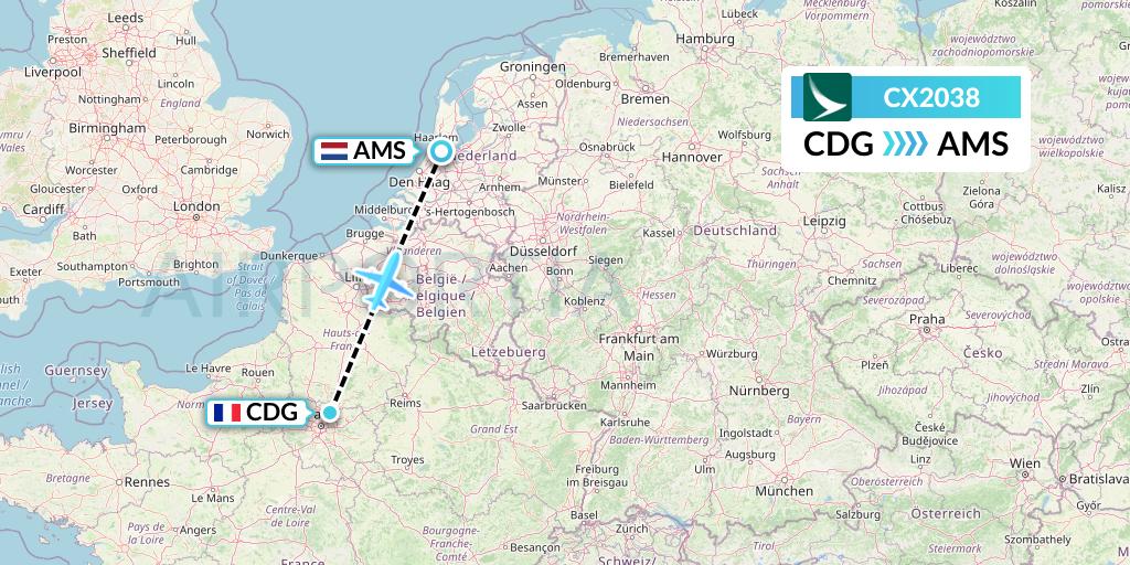 CX2038 Cathay Pacific Flight Map: Paris to Amsterdam