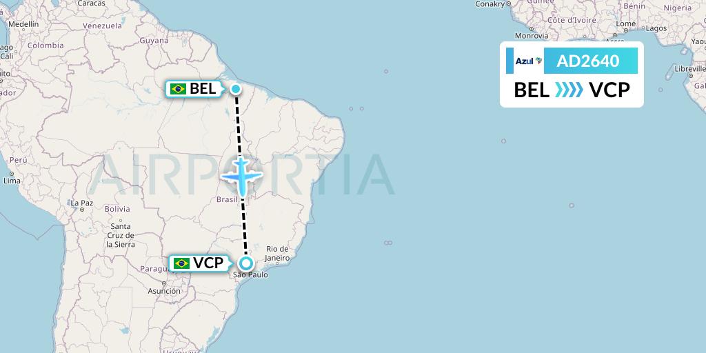 AD2640 Azul Brazilian Airlines Flight Map: Belem to Campinas