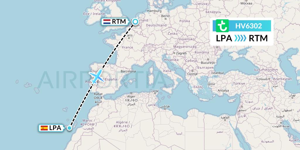 HV6302 Transavia Flight Map: Las Palmas to Rotterdam