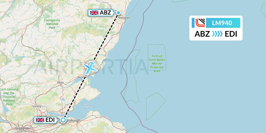 LM940 Loganair Flight Map: Aberdeen to Edinburgh