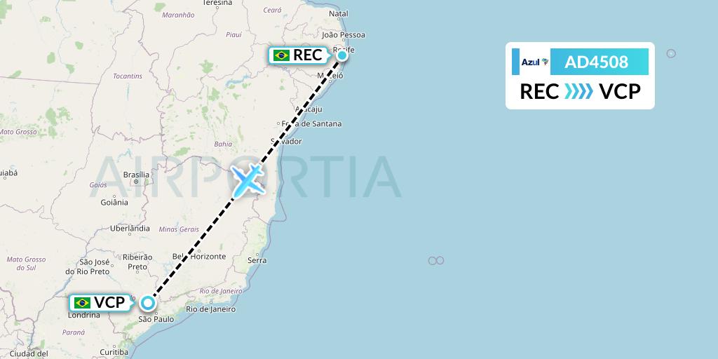 AD4508 Azul Brazilian Airlines Flight Map: Recife to Campinas