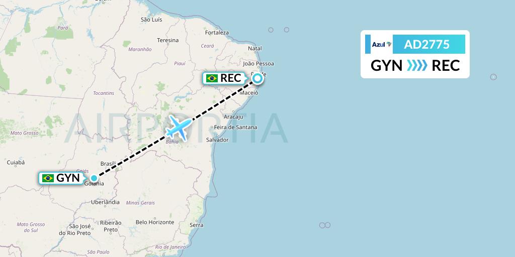 AD2775 Azul Brazilian Airlines Flight Map: Goiania to Recife