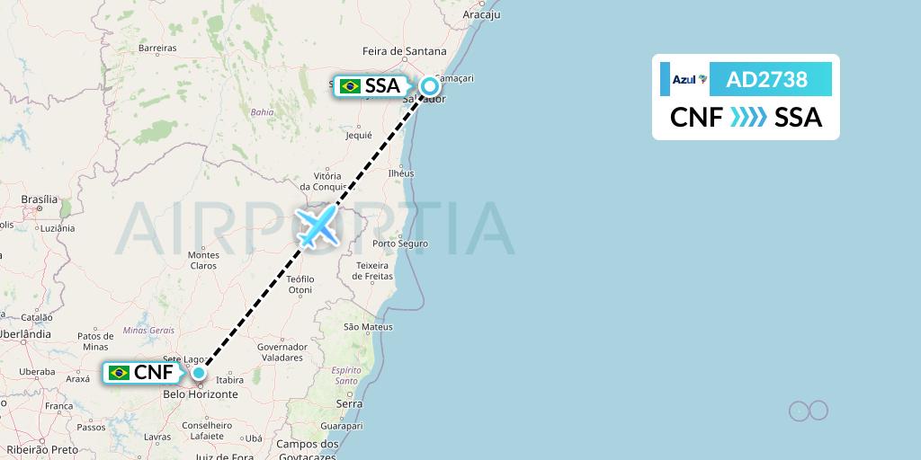 AD2738 Azul Brazilian Airlines Flight Map: Belo Horizonte to Salvador