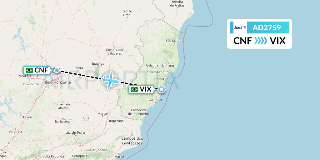 AD2759 Azul Brazilian Airlines Flight Map: Belo Horizonte to Vitoria