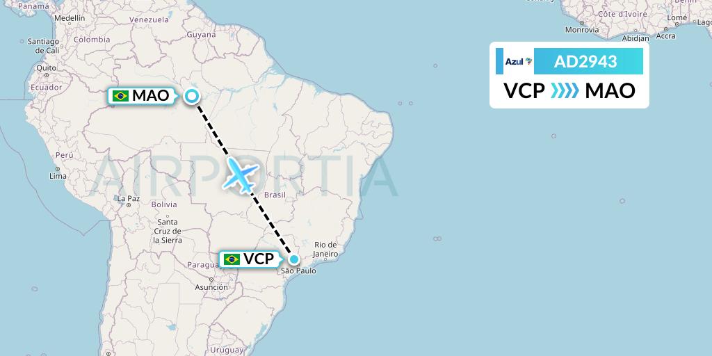 AD2943 Azul Brazilian Airlines Flight Map: Campinas to Manaus
