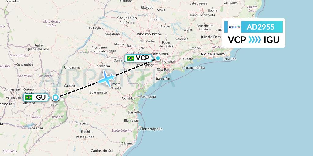 AD2955 Azul Brazilian Airlines Flight Map: Campinas to Foz do Iguacu