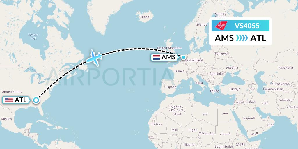 VS4055 Virgin Atlantic Airways Flight Map: Amsterdam to Atlanta
