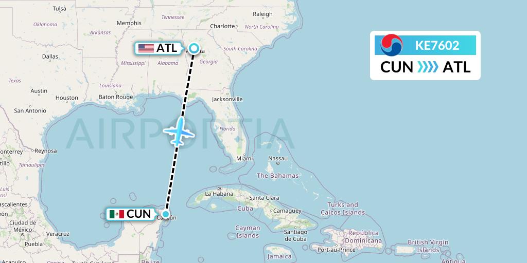 KE7602 Korean Air Flight Map: Cancun to Atlanta