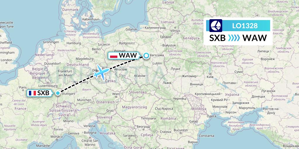 LO1328 LOT Flight Map: Strasbourg to Warsaw