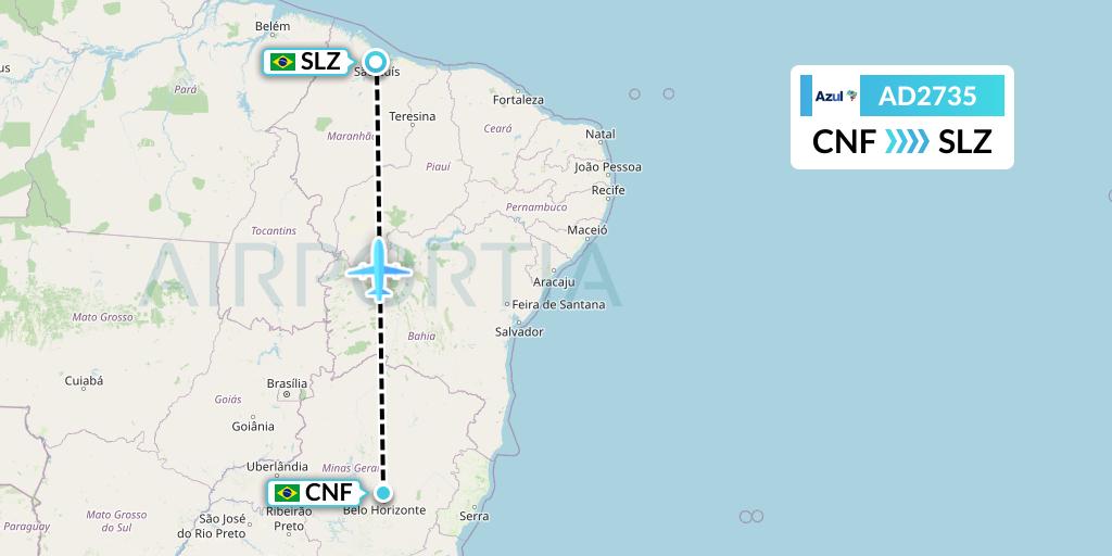 AD2735 Azul Brazilian Airlines Flight Map: Belo Horizonte to Sao Luis