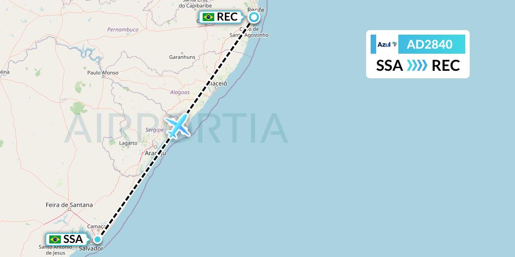 AD2840 Azul Brazilian Airlines Flight Map: Salvador to Recife