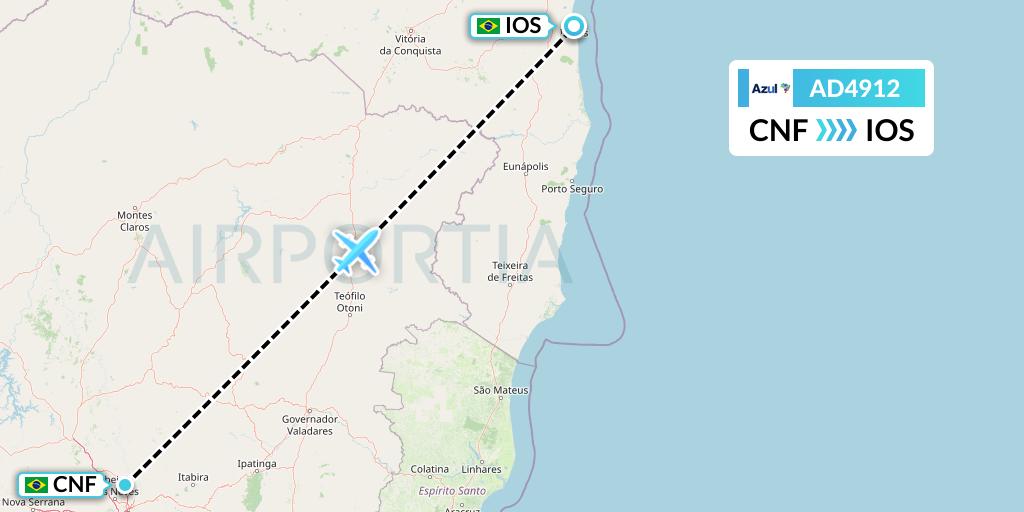 AD4912 Azul Brazilian Airlines Flight Map: Belo Horizonte to Ilheus