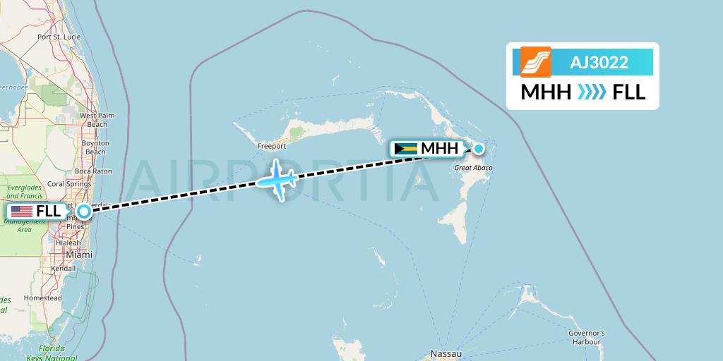 AJ3022 Aztec Airways Flight Map: Marsh Harbour to Fort Lauderdale