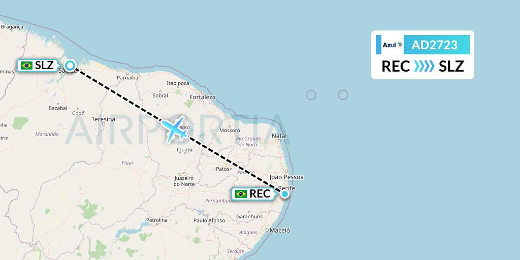 AD2723 Azul Brazilian Airlines Flight Map: Recife to Sao Luis