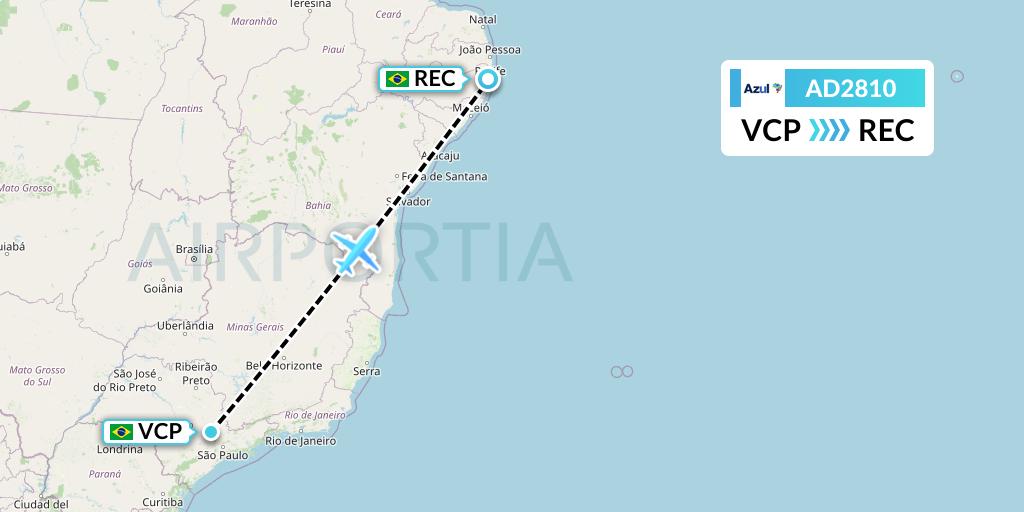 AD2810 Azul Brazilian Airlines Flight Map: Campinas to Recife