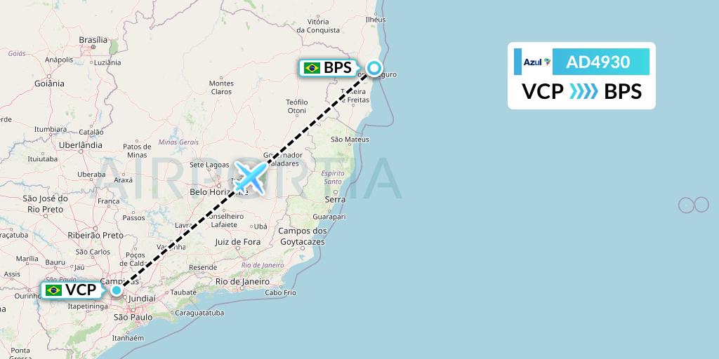 AD4930 Azul Brazilian Airlines Flight Map: Campinas to Porto Seguro