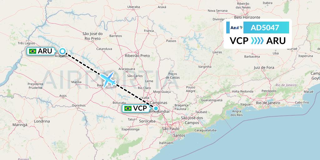 AD5047 Azul Brazilian Airlines Flight Map: Campinas to Aracatuba