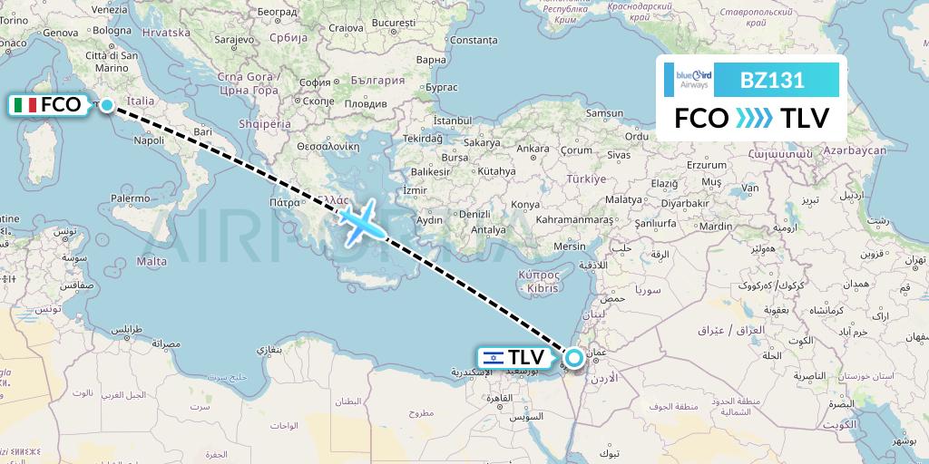 BZ131 Bluebird Airways Flight Map: Rome to Tel Aviv
