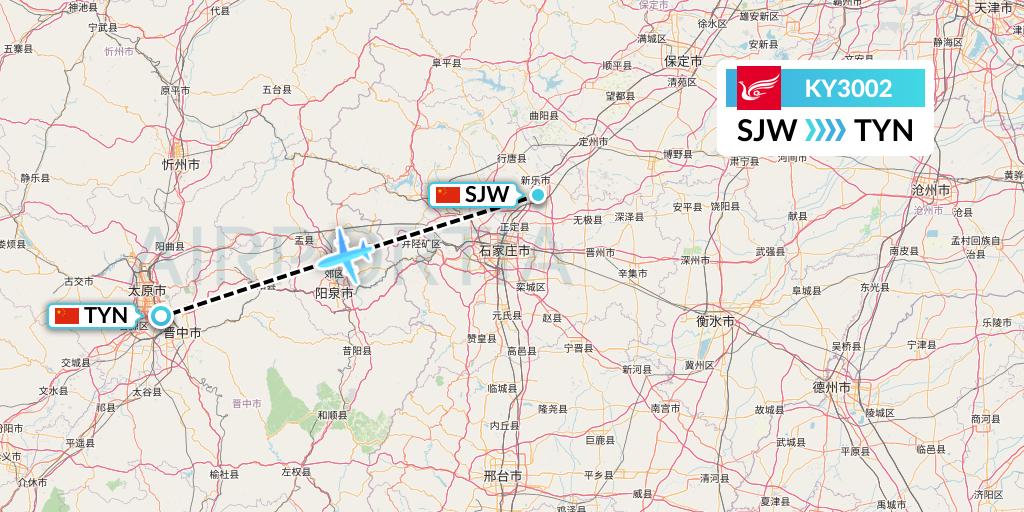 KY3002 Kunming Airlines Flight Map: Shijiazhuang to Taiyuan