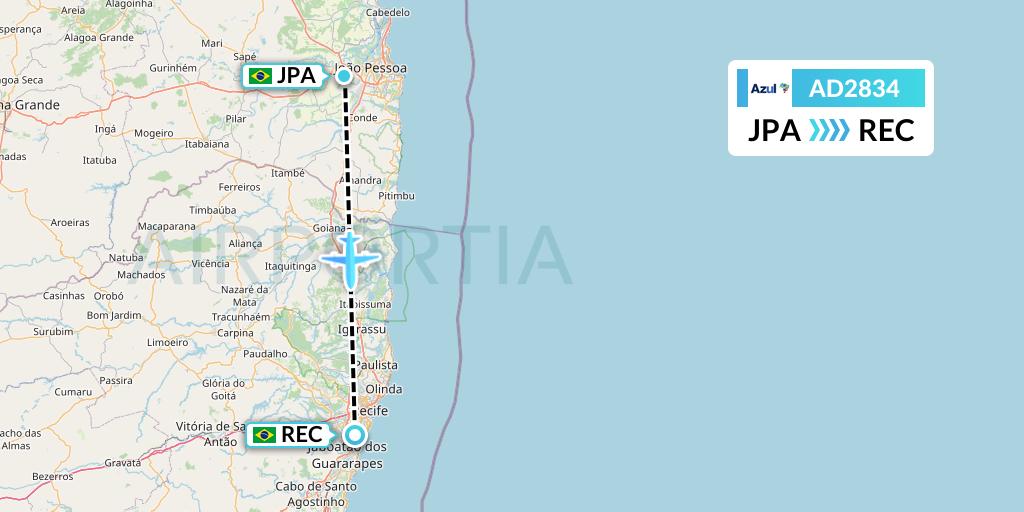 AD2834 Azul Brazilian Airlines Flight Map: Joao Pessoa to Recife