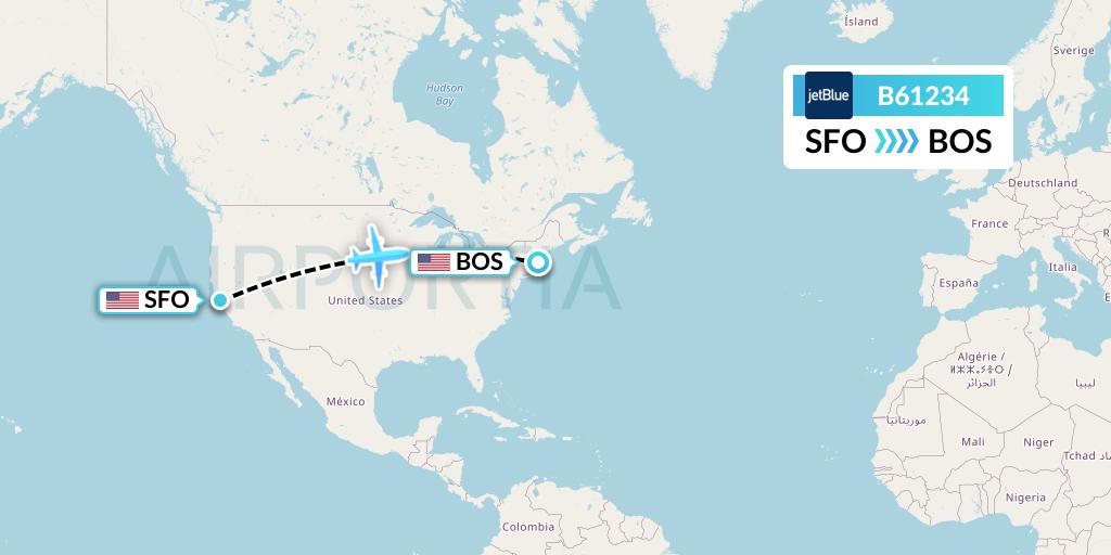 B61234 JetBlue Airways Flight Map: San Francisco to Boston