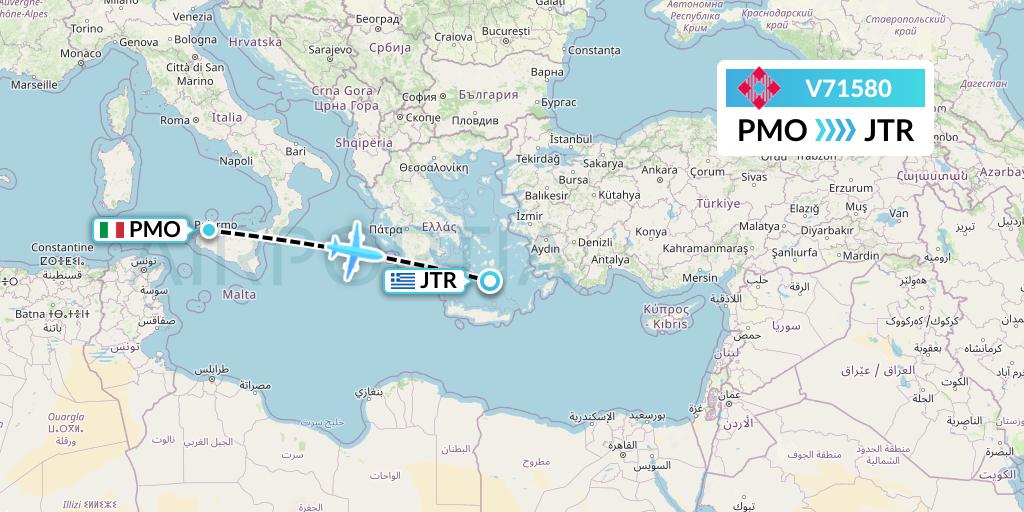 V71580 Volotea Flight Map: Palermo to Santorini