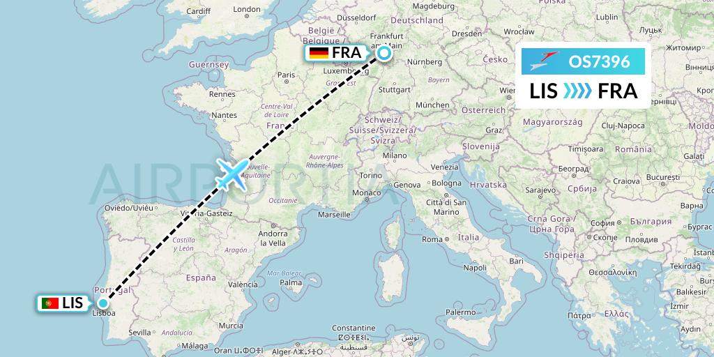 OS7396 Austrian Airlines Flight Map: Lisbon to Frankfurt