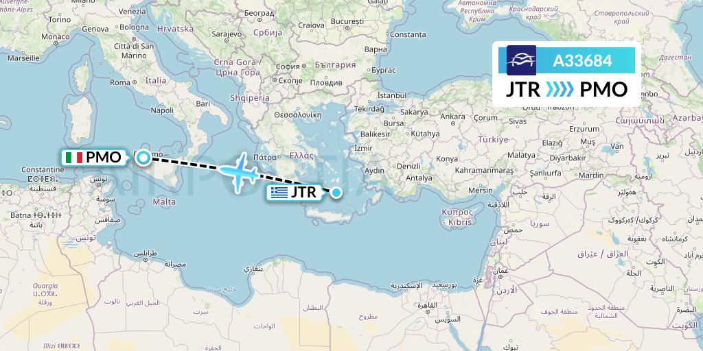 A33684 Aegean Airlines Flight Map: Santorini to Palermo