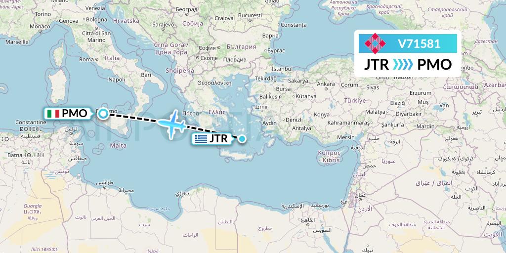V71581 Volotea Flight Map: Santorini to Palermo