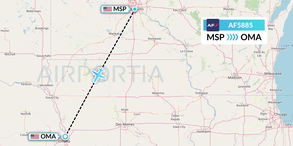 AF5885 Air France Flight Map: Minneapolis to Omaha