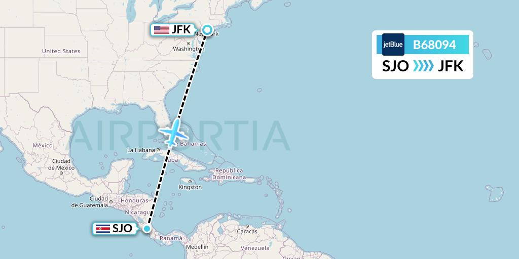 B68094 JetBlue Airways Flight Map: San Jose to New York
