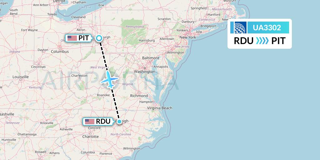 UA3302 United Airlines Flight Map: Raleigh-Durham to Pittsburgh