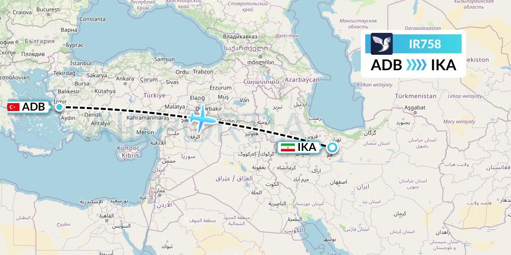 IR758 Iran Air Flight Map: Izmir to Tehran