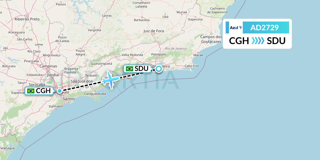 AD2729 Azul Brazilian Airlines Flight Map: Sao Paulo to Rio de Janeiro