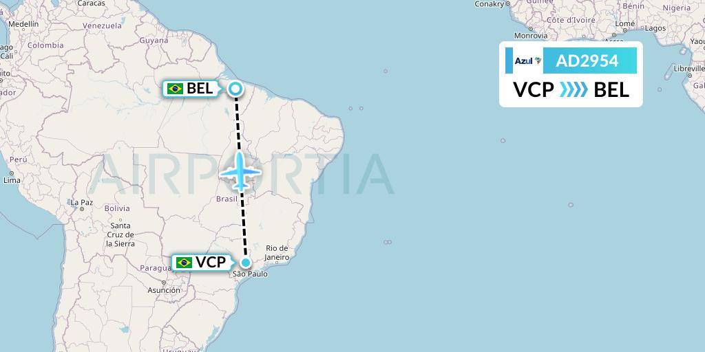AD2954 Azul Brazilian Airlines Flight Map: Campinas to Belem