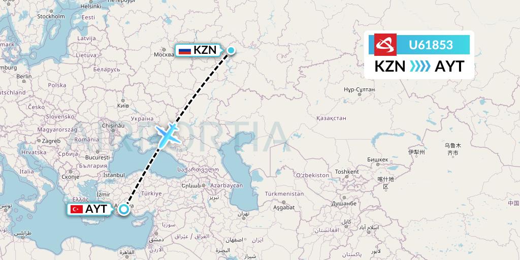 U61853 Ural Airlines Flight Map: Kazan to Antalya
