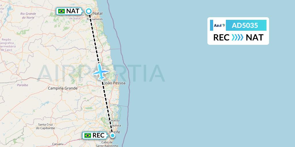 AD5035 Azul Brazilian Airlines Flight Map: Recife to Natal