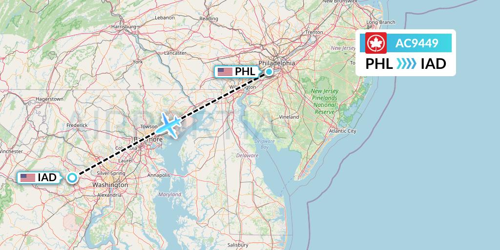 AC9449 Air Canada Flight Map: Philadelphia to Washington