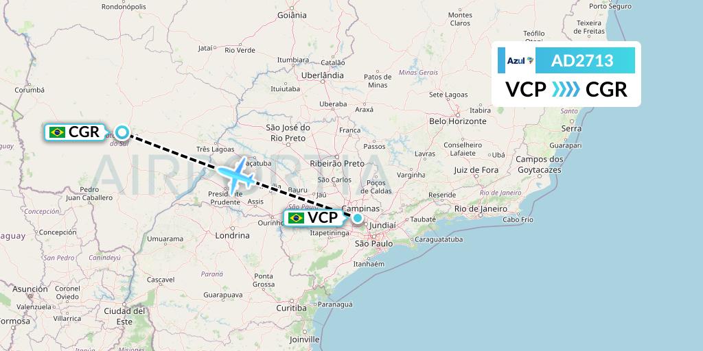 AD2713 Azul Brazilian Airlines Flight Map: Campinas to Campo Grande