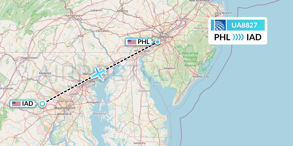 UA8827 United Airlines Flight Map: Philadelphia to Washington