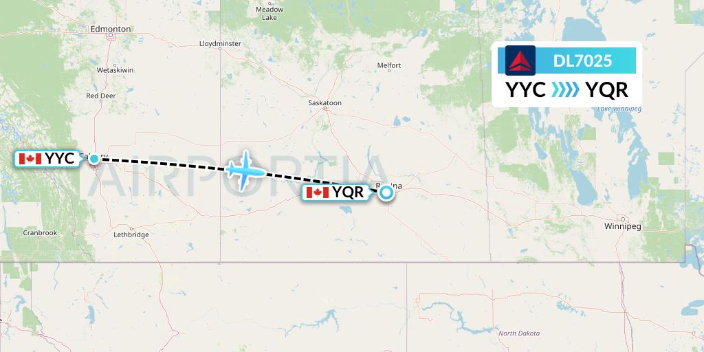 DL7025 Delta Air Lines Flight Map: Calgary to Regina