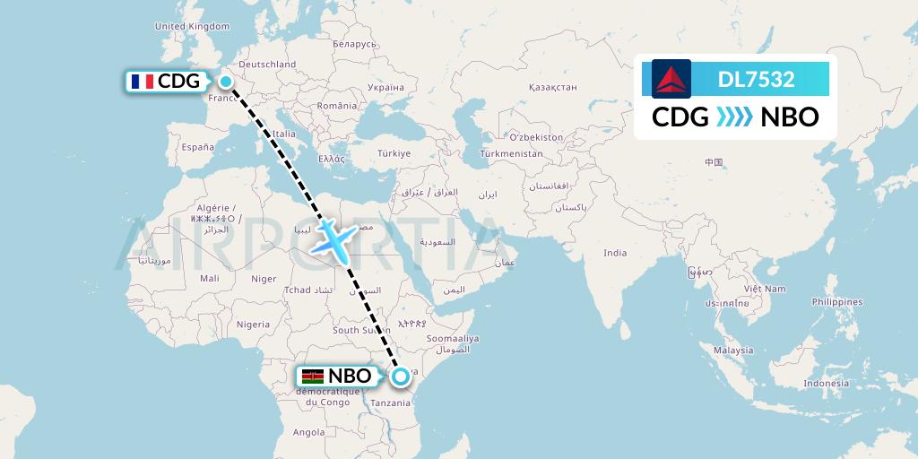 DL7532 Delta Air Lines Flight Map: Paris to Nairobi