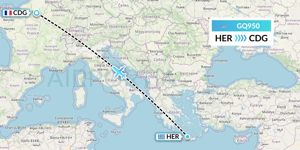 GQ950 Sky Express (Greece) Flight Map: Heraklion to Paris