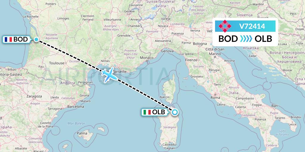 V72414 Volotea Flight Map: Bordeaux to Olbia